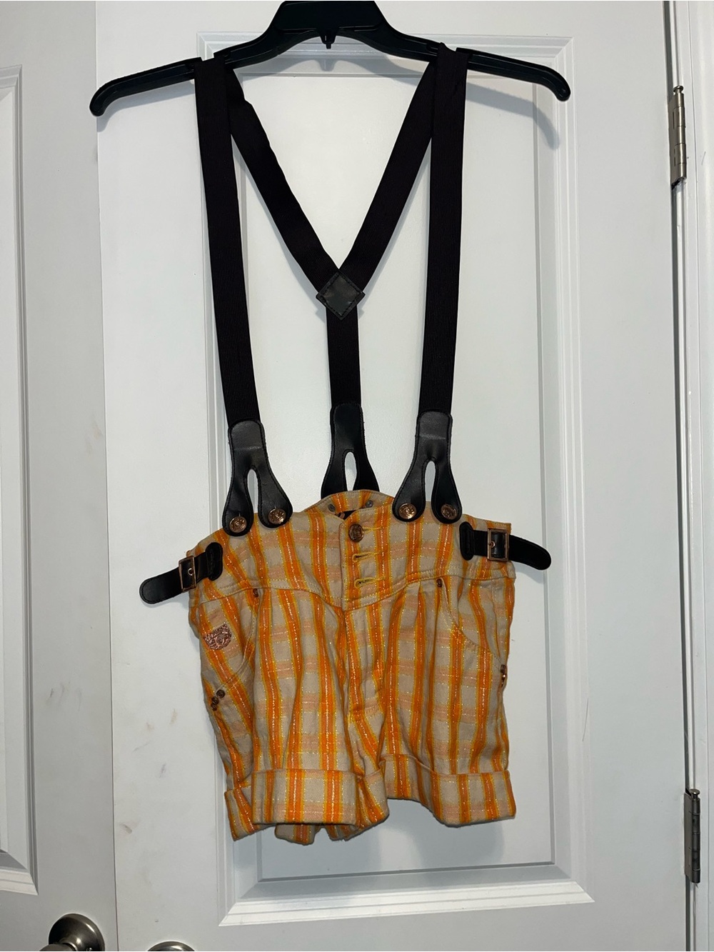 Striped Orange and Cream Shorts with Brown Suspenders